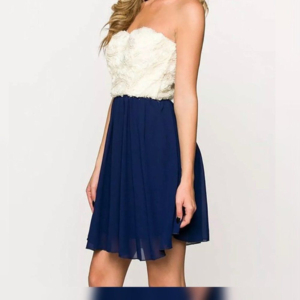 NEW Strapless Rose Texture Chiffon Navy Cocktail Day Office Dress Prom Dance USA
